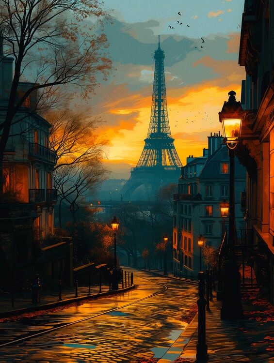 Leinwand Poster, Bilder Paris At Dusk - Vintage Travel Poster, 60 × 80 cm