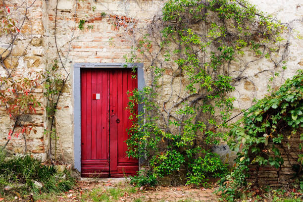 Leinwand Poster, Bilder Red Door in Old Brick and Stone Cottage, Mint Images, 90 × 60 cm