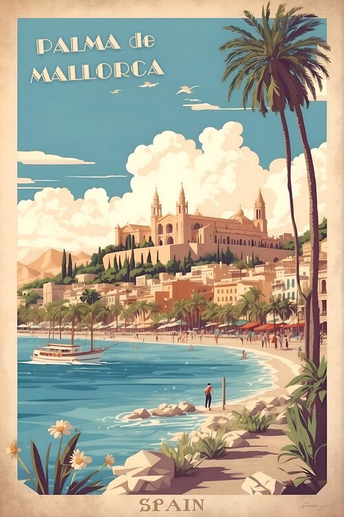 Leinwand Poster, Bilder Palma de Mallorca Vintage Retro Travel Art, 60 × 90 cm