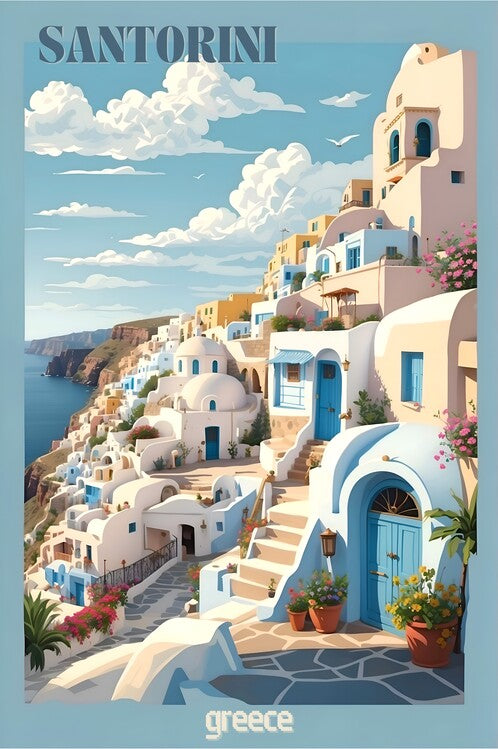 Leinwand Poster, Bilder Explore Santorini's Charm: Vintage Retro Travel Poster, 60 × 90 cm