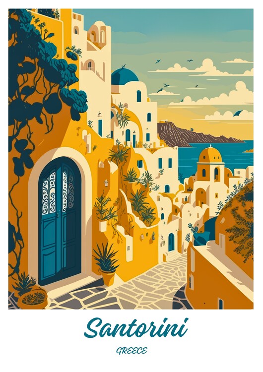 Leinwand Poster, Bilder Santorini Vintage travel poster, 65 × 90 cm