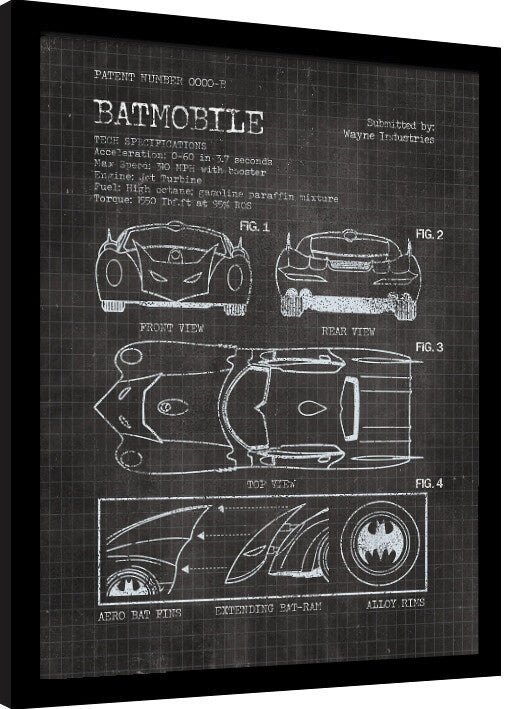 Batman - Batmobile Patent Gerahmte Poster, Bilder, 34.3 × 44.5 cm