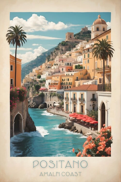 Leinwand Poster, Bilder Vintage Positano Illustrations: Timeless Coastal Beauty, 60 × 90 cm