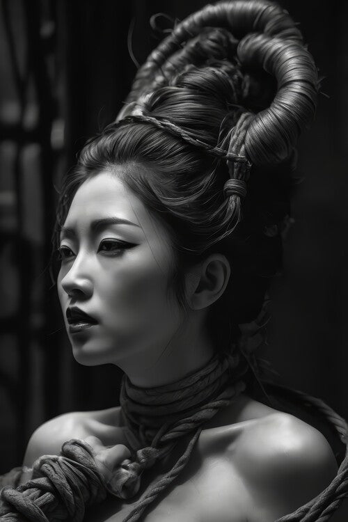 Leinwand Poster, Bilder Black and white portrait of a geisha woman, 60 × 90 cm