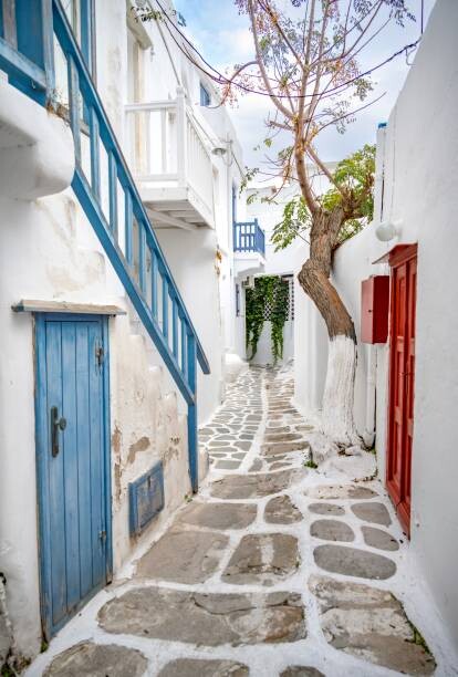 Leinwand Poster, Bilder Small alley with white Cycladic houses, imageBROKER/Mara Brandl, 60 × 90 cm
