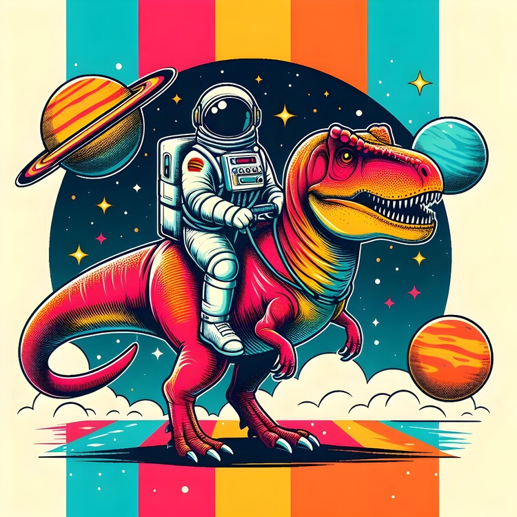 Leinwand Poster, Bilder Astronaut riding a dinosaur ,Space T-rex, 70 × 70 cm