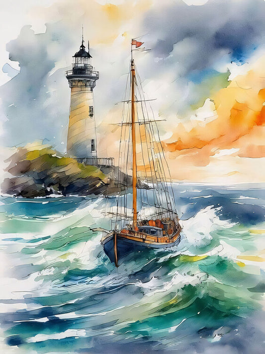 Leinwand Poster, Bilder A lighthouse, waves & a boat in the sea waves Painting, 60 × 80 cm