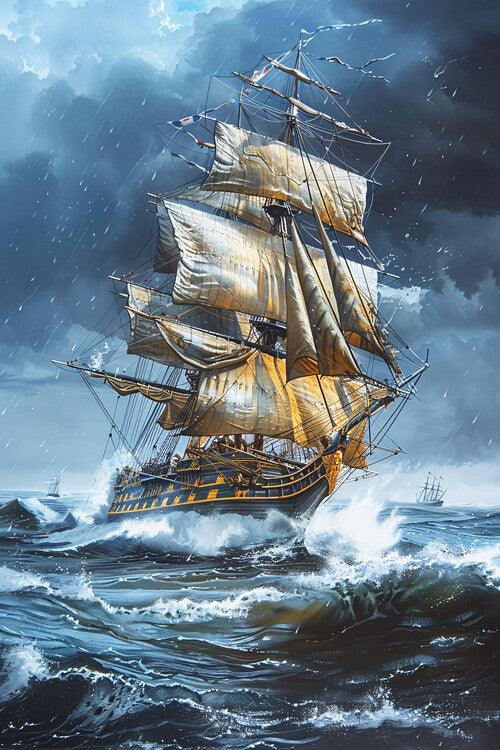Leinwand Poster, Bilder An oil painting of a frigate with full sails amidst the wave, 60 × 90 cm