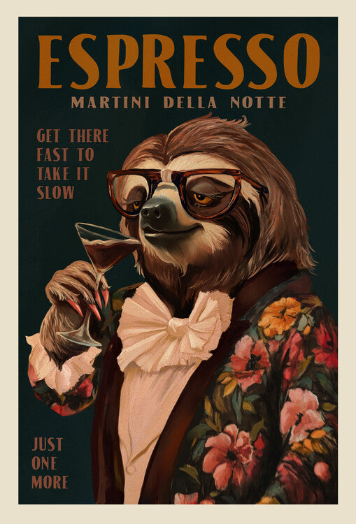Leinwand Poster, Bilder Art Deco Espresso Martini Drinking Sloth, The Whiskey Ginger, 60 × 90 cm