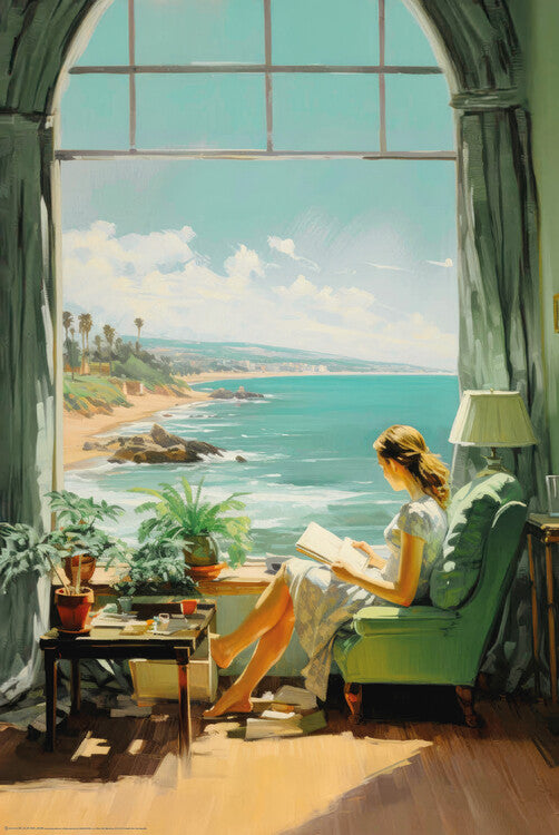 Reading Time in Paradise in style of Edward Hopper Poster, Plakat, 61 × 91.5 cm