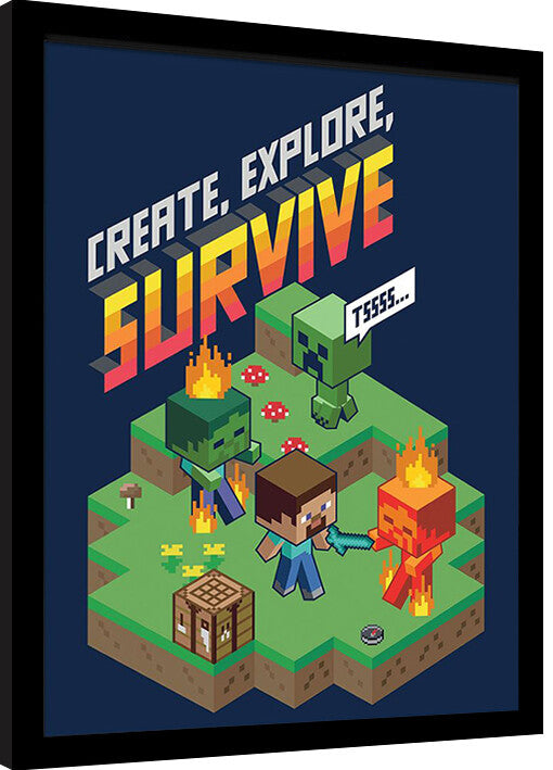 Minecraft - Create, Explore, Survive Gerahmte Poster, Bilder, 34.3 x 44.5 cm