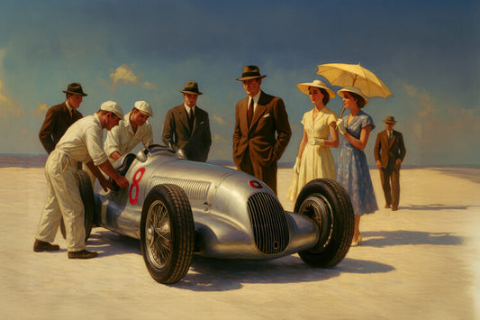 Leinwand Poster, Bilder Silver Race car inspired by Jack Vettriano, 90 × 60 cm