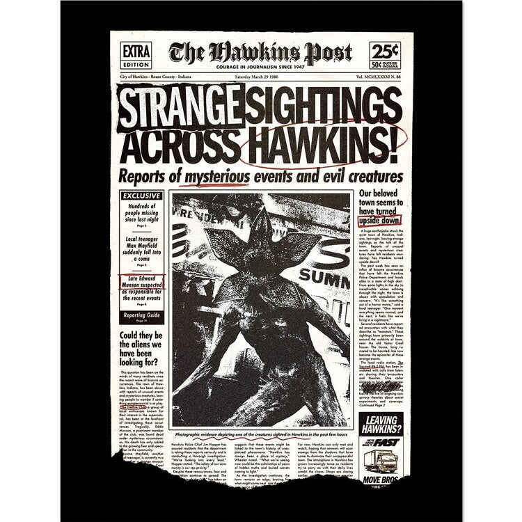 Stranger Things - Strange Sightings Across Hawkins Gerahmte Poster, Bilder, 33 x 43 cm