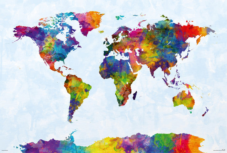 Michael Tompsett - Watercolor World Map Poster, Plakat, 91.5 × 61 cm