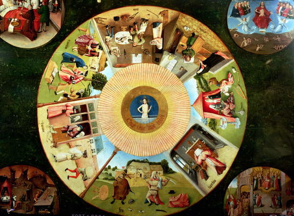 Leinwand Poster, Bilder Tabletop of the Seven Deadly Sins and the Four Last Things, Hieronymus Bosch, 90 × 65 cm