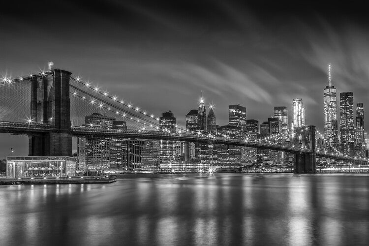 Leinwand Poster, Bilder BROOKLYN BRIDGE Nightly Impressions | Monochrome, Melanie Viola, 90 × 60 cm