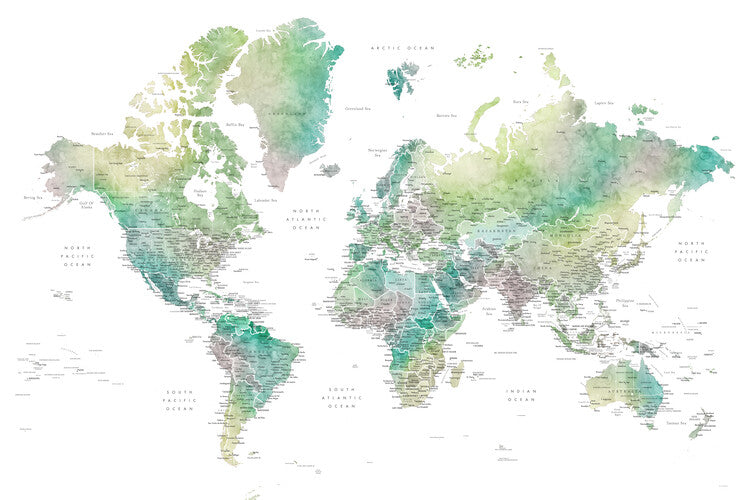 Leinwand Poster, Bilder Watercolor world map with cities in muted green, Oriole, Blursbyai, 90 × 60 cm