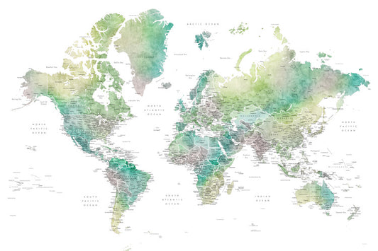 Leinwand Poster, Bilder Watercolor world map with cities in muted green, Oriole, Blursbyai, 90 × 60 cm