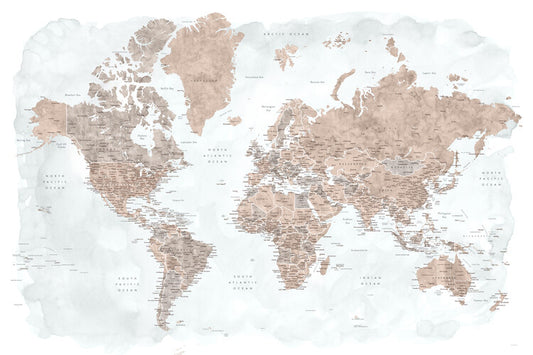 Leinwand Poster, Bilder Neutrals and muted blue watercolor world map with cities, Calista, Blursbyai, 90 × 60 cm