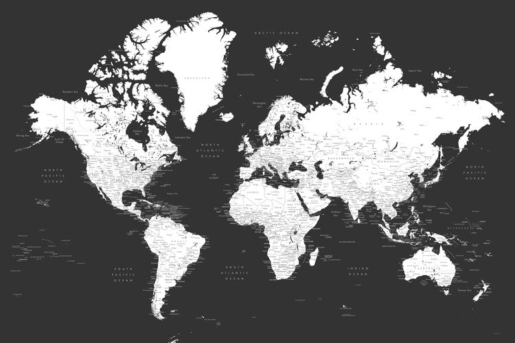 Leinwand Poster, Bilder Black and white detailed world map with cities, Milo, Blursbyai, 90 × 60 cm
