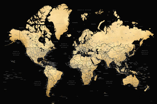 Leinwand Poster, Bilder Black and gold detailed world map with cities, Eleni, Blursbyai, 90 × 60 cm